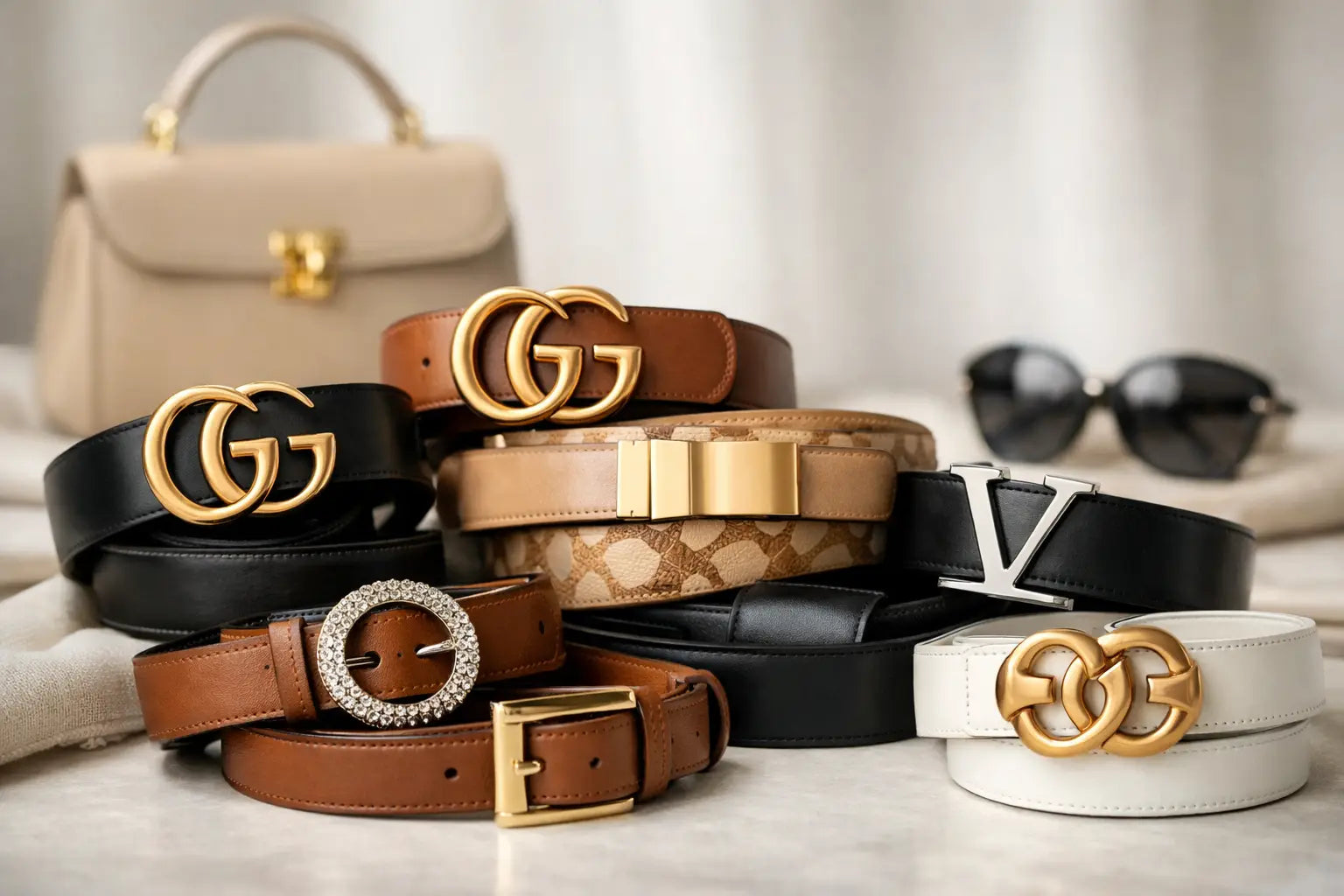 A collection of luxury designer belts for women featuring gucci gold interlocking g, coach patterned, and lv monogram styles.
