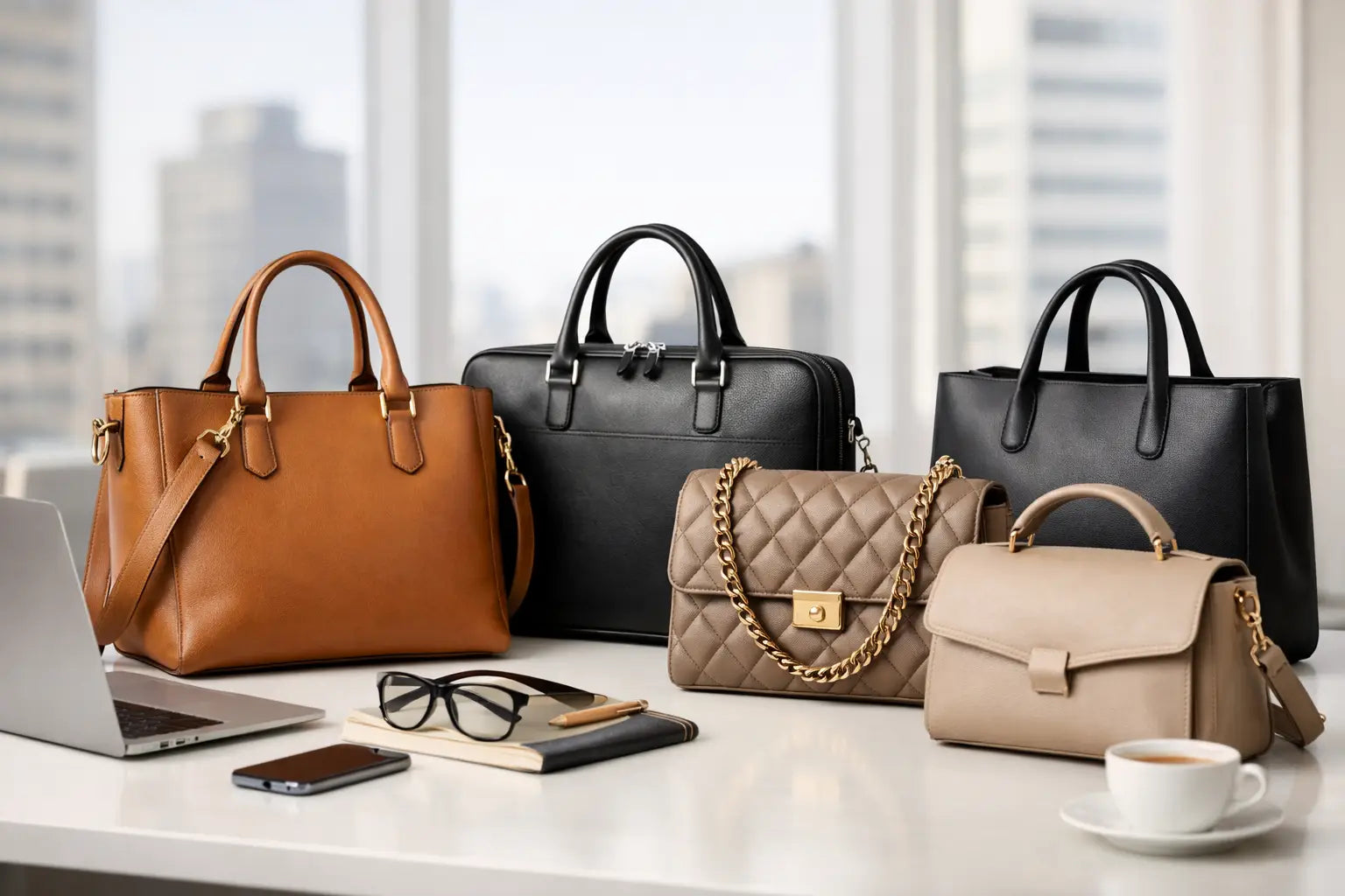 Tan quilted leather handbag with gold tone chain strap and clasp perfect for designer work bags
