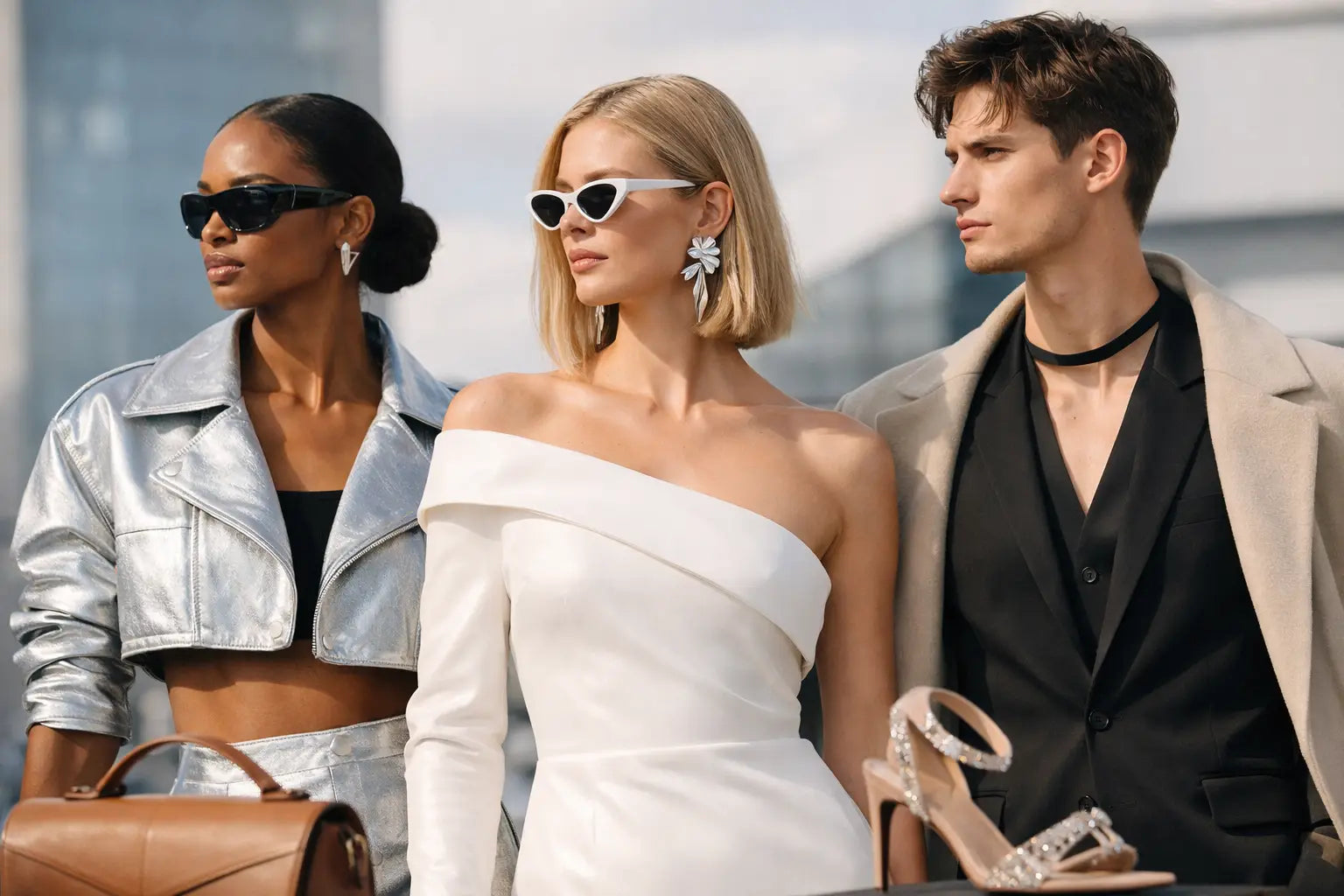 A woman wearing a white off-the-shoulder dress with clean lines and a single long sleeve in designer fashion trends 2026