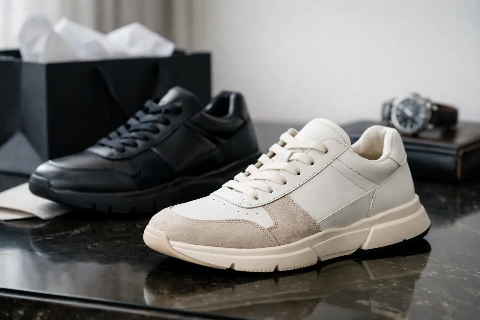 Cream-colored luxury sneaker with two-tone smooth leather and suede panels white laces and chunky rubber sole