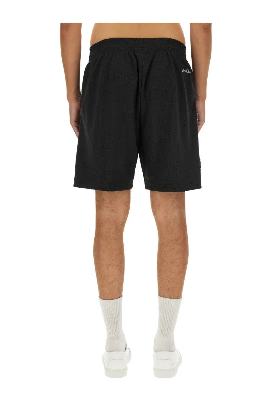 Black 3paradis men’s bermuda athletic shorts with drawstring waistband and subtle white branding on back pocket shown from back