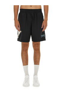 3.paradis men’s bermuda black mesh shorts with white dove graphic on left leg and paradise embroidered on right
