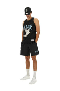 Black sleeveless tank top with white and light blue paradis lettering and white dove graphic by 3.paradis men’s bermuda black
