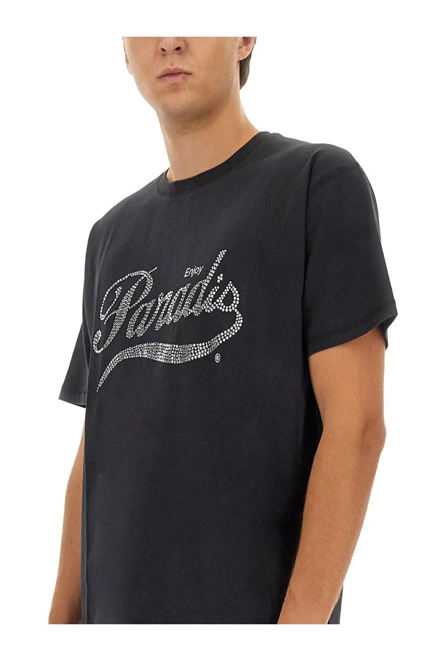 Black short-sleeved men’s Coca Cola t-shirt with sparkling enjoy paradise silver rhinestone graphic design