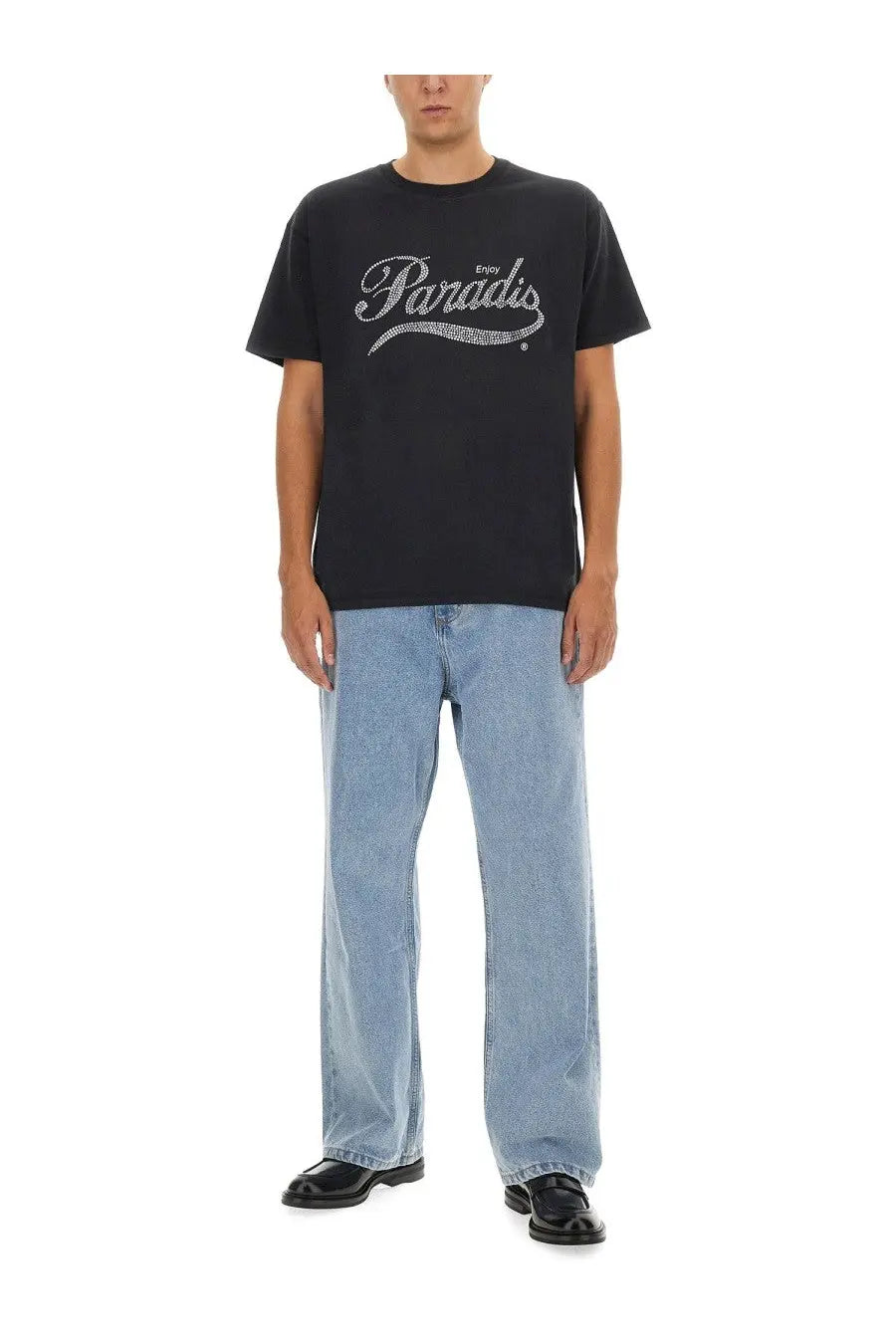 Black short-sleeved paradIs t-shirt with white cursive print for men 3 paradis coca cola shirt black