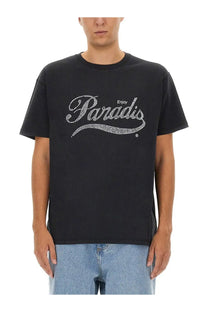Black short-sleeved cotton t-shirt with sparkling white enjoy paradis rhinestone logo for men by 3.PARADIS Coca Cola