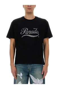 Black short-sleeved 3.paradis crystal shirt with enjoy paradis in sparkling white rhinestones across the chest