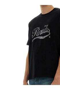 Black short-sleeved 3.paradis men’s crystal shirt with sparkling paradis logo in cursive script adorned with rhinestones