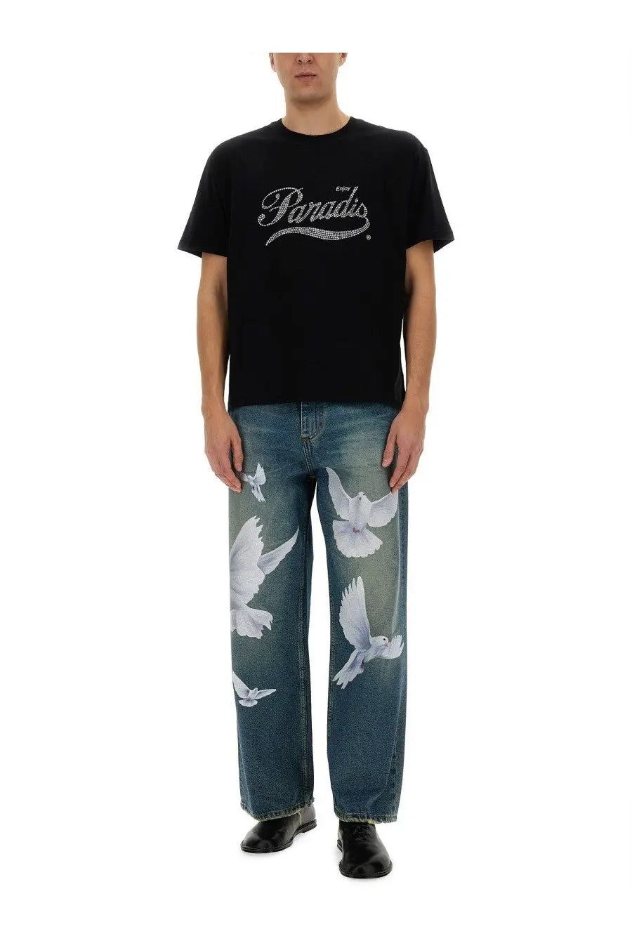 Black men’s t-shirt with paradis logo in silver rhinestone crystal lettering across the chest