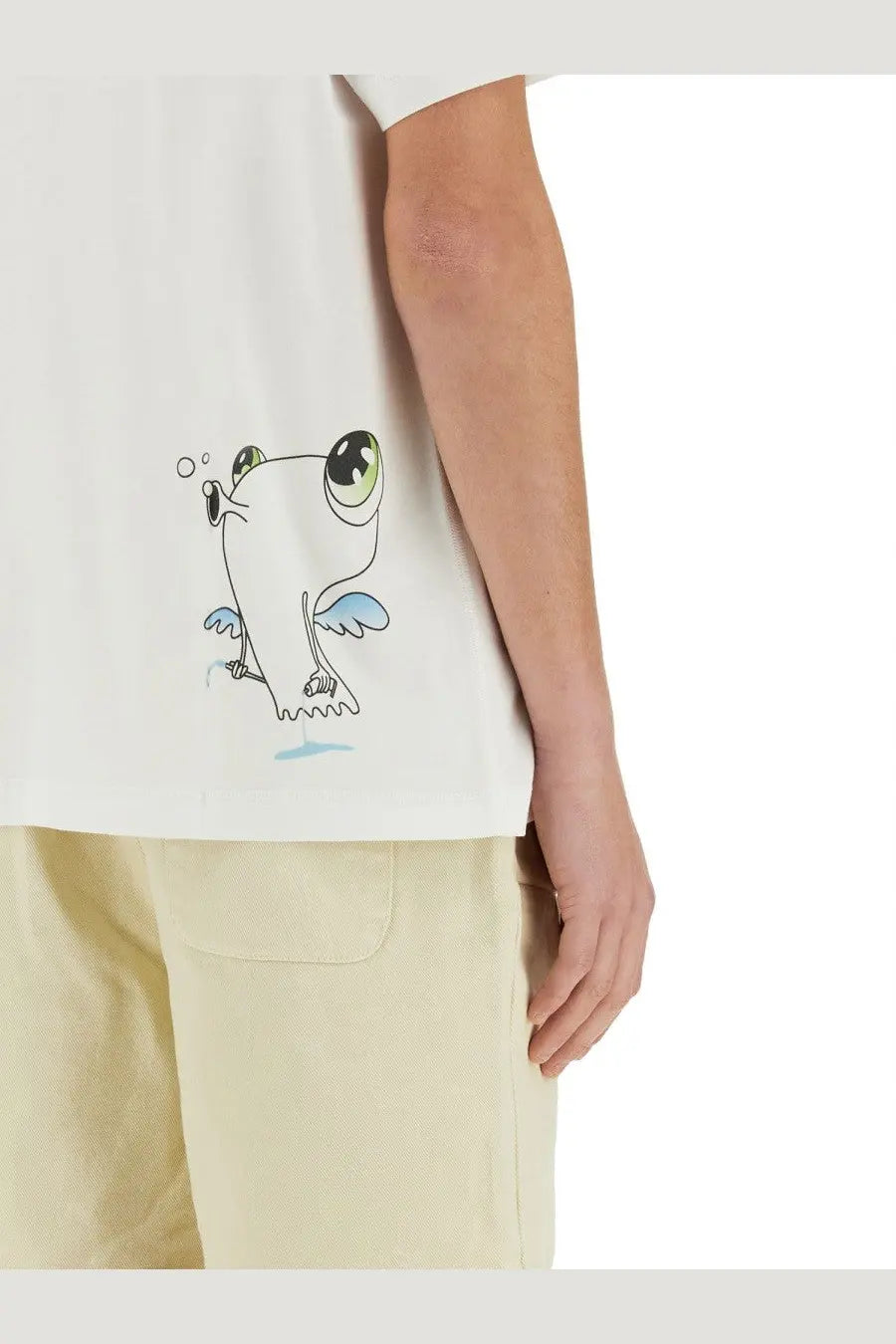 White cotton t-shirt featuring a cartoon frog with green eyes and blue wings for men by 3 PARADIS