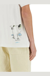 White cotton t-shirt featuring a cartoon frog with green eyes and blue wings for men by 3 PARADIS