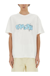 White cotton 3paradis men’s edgar plans t-shirt with light blue graffiti style paradis graphic print