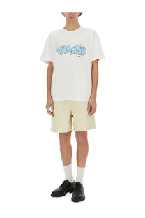 White cotton men’s t-shirt with light blue paradis graffiti print from 3.paradis edgar plans collection