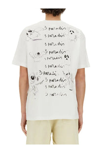 White cotton 3 paradis men’s edgar plans shirt with playful hand drawn ghost design and repeated text in black ink