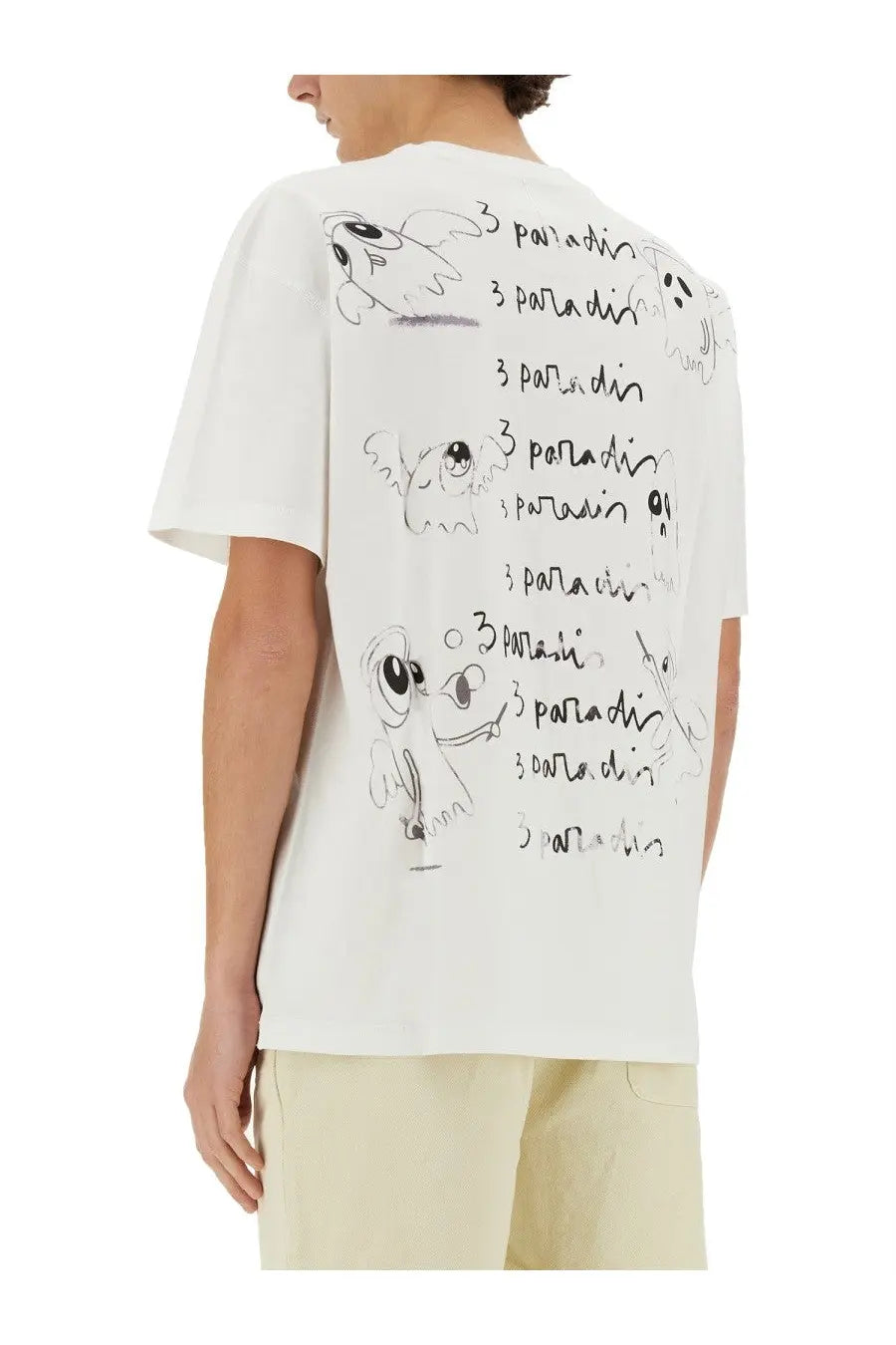 White short-sleeved 3.paradis men’s edgar plans shirt with playful black hand-drawn cartoon creatures graphic