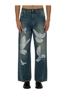 3.paradis men’s freedom jeans blue wide-leg denim with white doves print in flight on front side