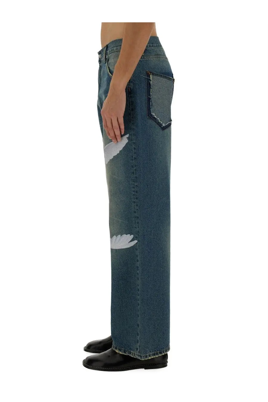 3.paradis men’s freedom jeans blue wide-leg denim with white feather-like side patches for casual wear