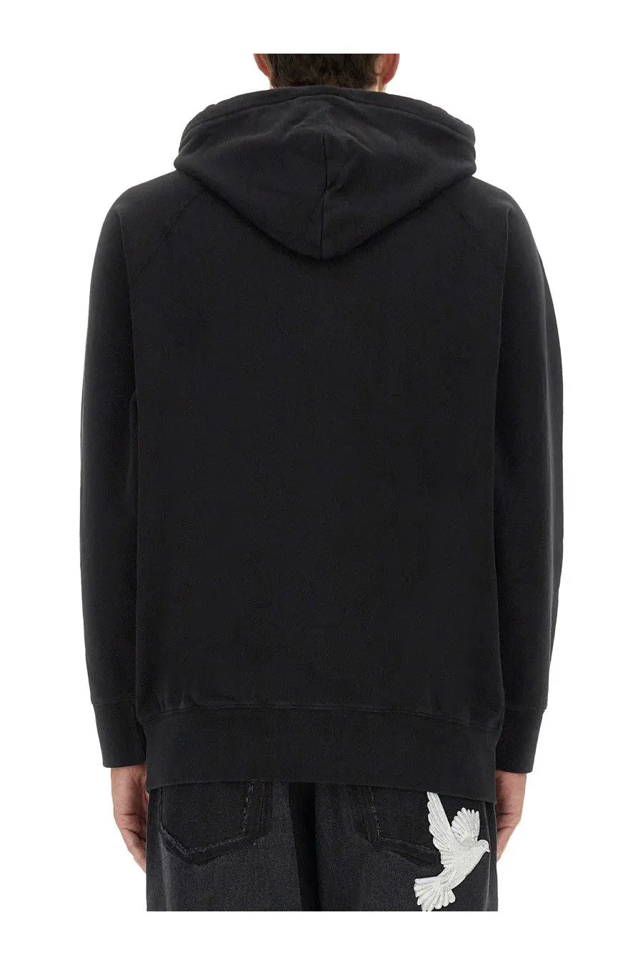 Back side of 3.paradis men’s black hooded sweatshirt with white embroidered dove on lower back