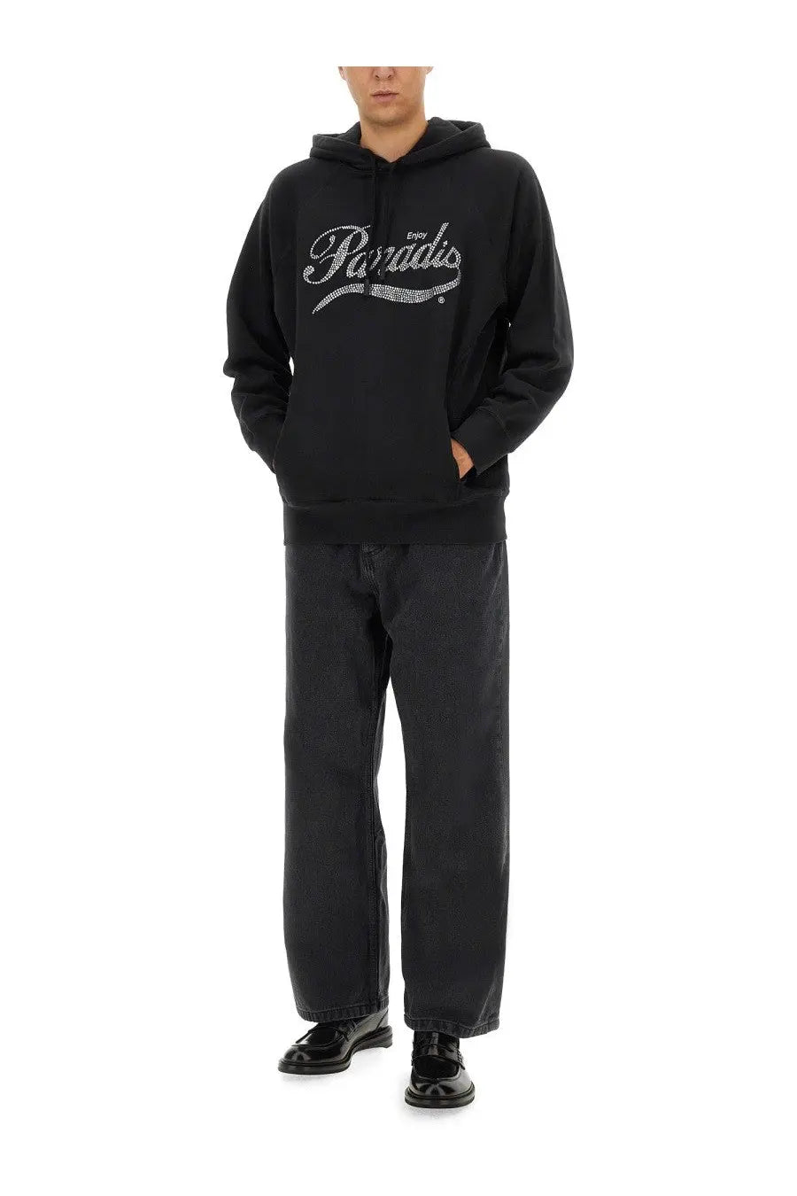 3.PARADIS men’s black hoodie featuring a white cursive ronalds logo across the chest for casual wear