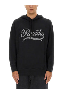 Black 3.paradis men’s hoodie featuring a sparkling white enjoy paradis logo across the chest