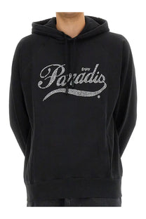 3.paradis men’s black hoodie with sparkling white paradis logo enjoy text drawstring hood and front pouch pocket