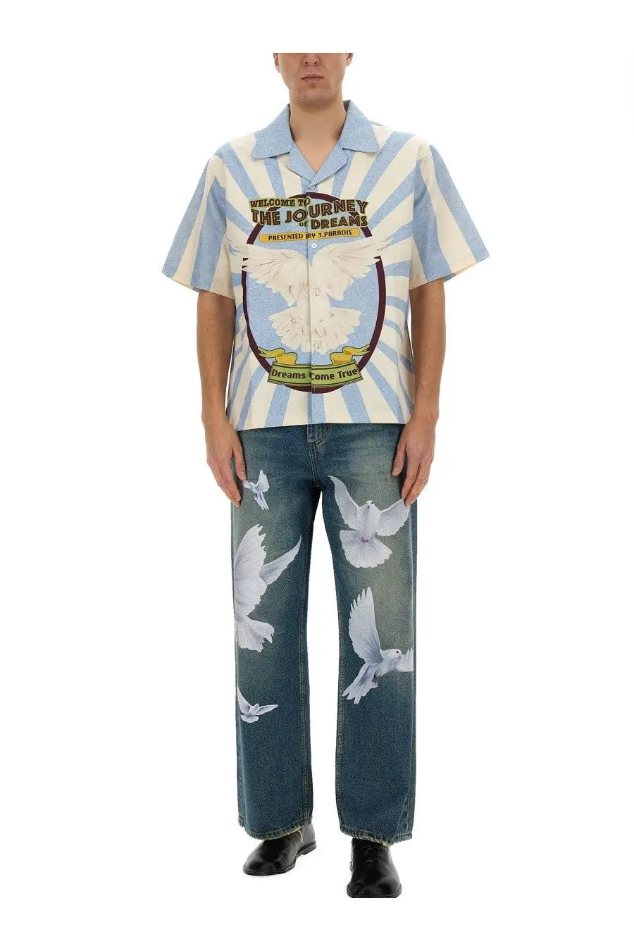 3.paradis men’s blue and white striped short-sleeved shirt with doves graphic and welcome to the journey of dreams text