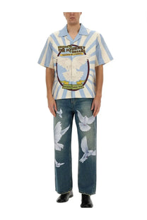 3.paradis men’s blue and white striped short-sleeved shirt with doves graphic and welcome to the journey of dreams text