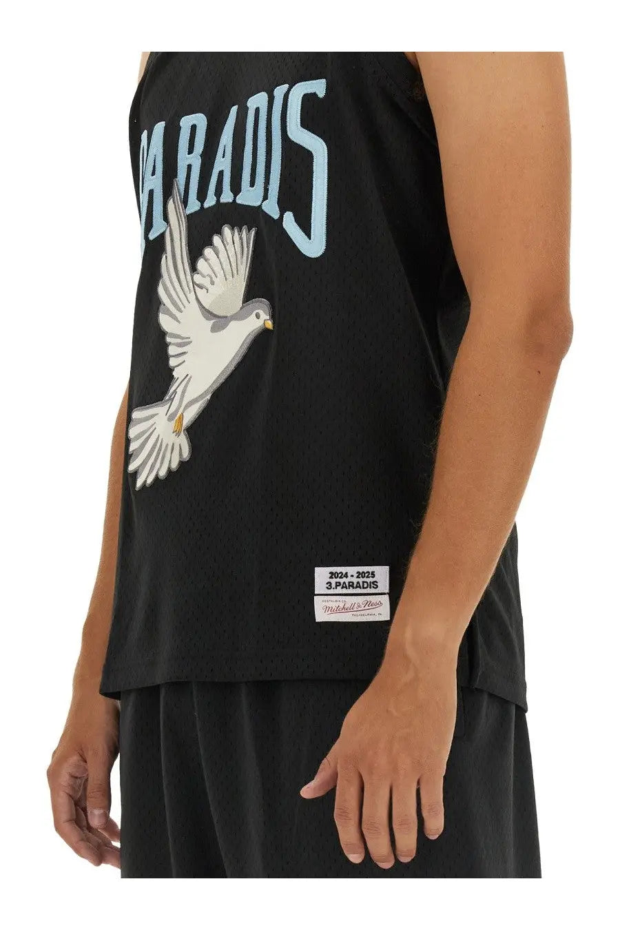 Black mesh tank top with light blue paradis arch and white dove graphic by mitchell &amp; ness for men