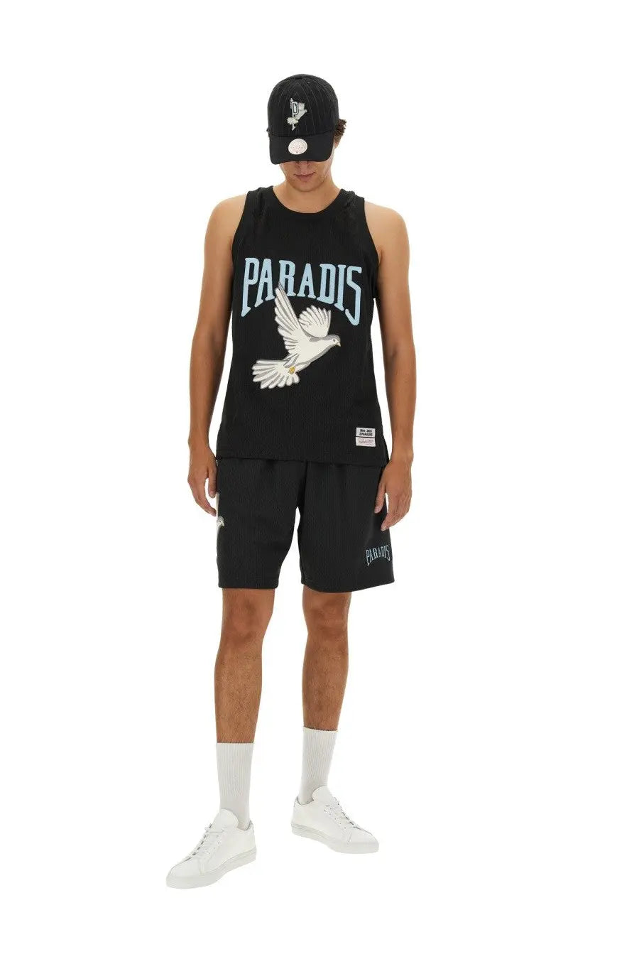 Black sleeveless tank top with light blue paradis lettering and white embroidered dove for men by 3.paradis