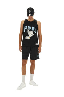 Black sleeveless tank top with light blue paradis lettering and white embroidered dove for men by 3.paradis
