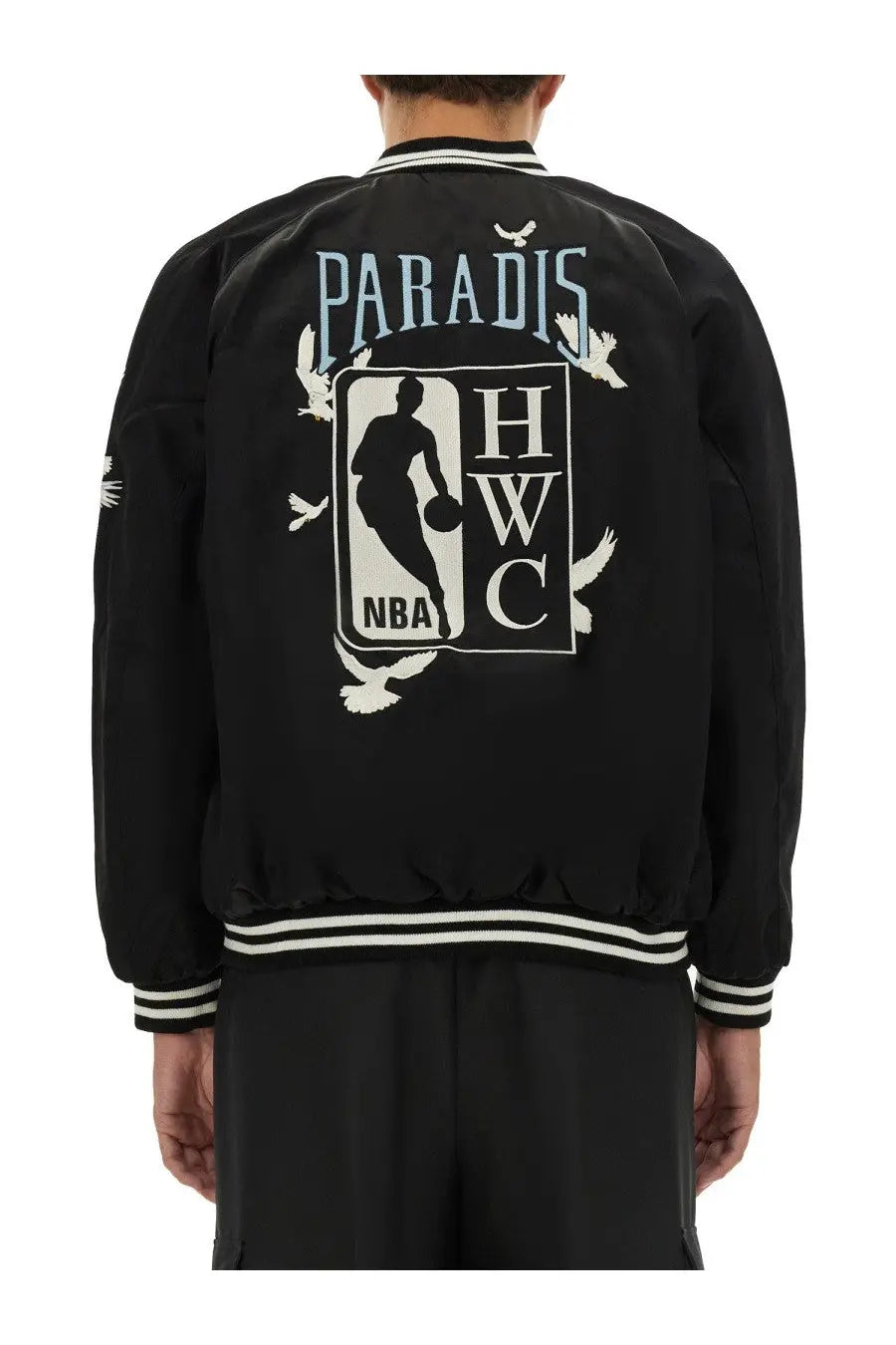 3.paradis men’s varsity bomber jacket black with white embroidered nba logo paradishwc text and birds in flight accents