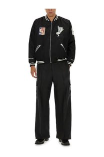3.paradis men’s varsity jacket black bomber style with white trim nba logo patch and stylized d eagle embroidery