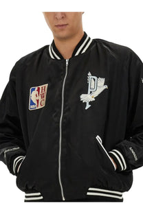 3.paradis men’s black satin varsity jacket with white embroidered dove p logo nba patch and striped cuffs and collar