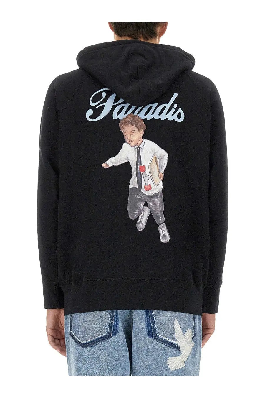 Black men’s zip sweatshirt featuring a detailed cartoon boy illustration and paradis script on a hooded design
