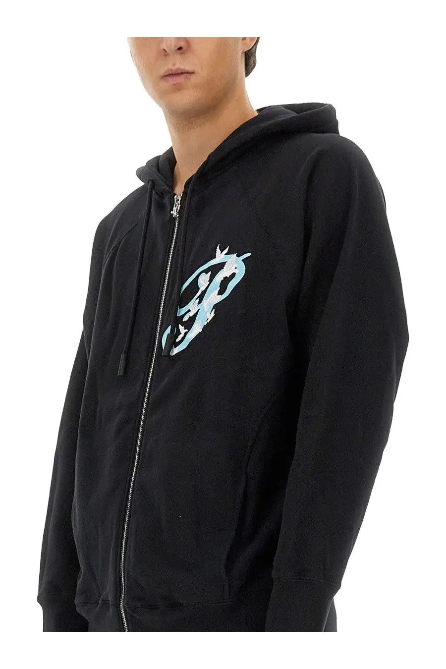 3.paradis men’s black zip sweatshirt with light blue stylized dragon graphic on chest in soft fabric