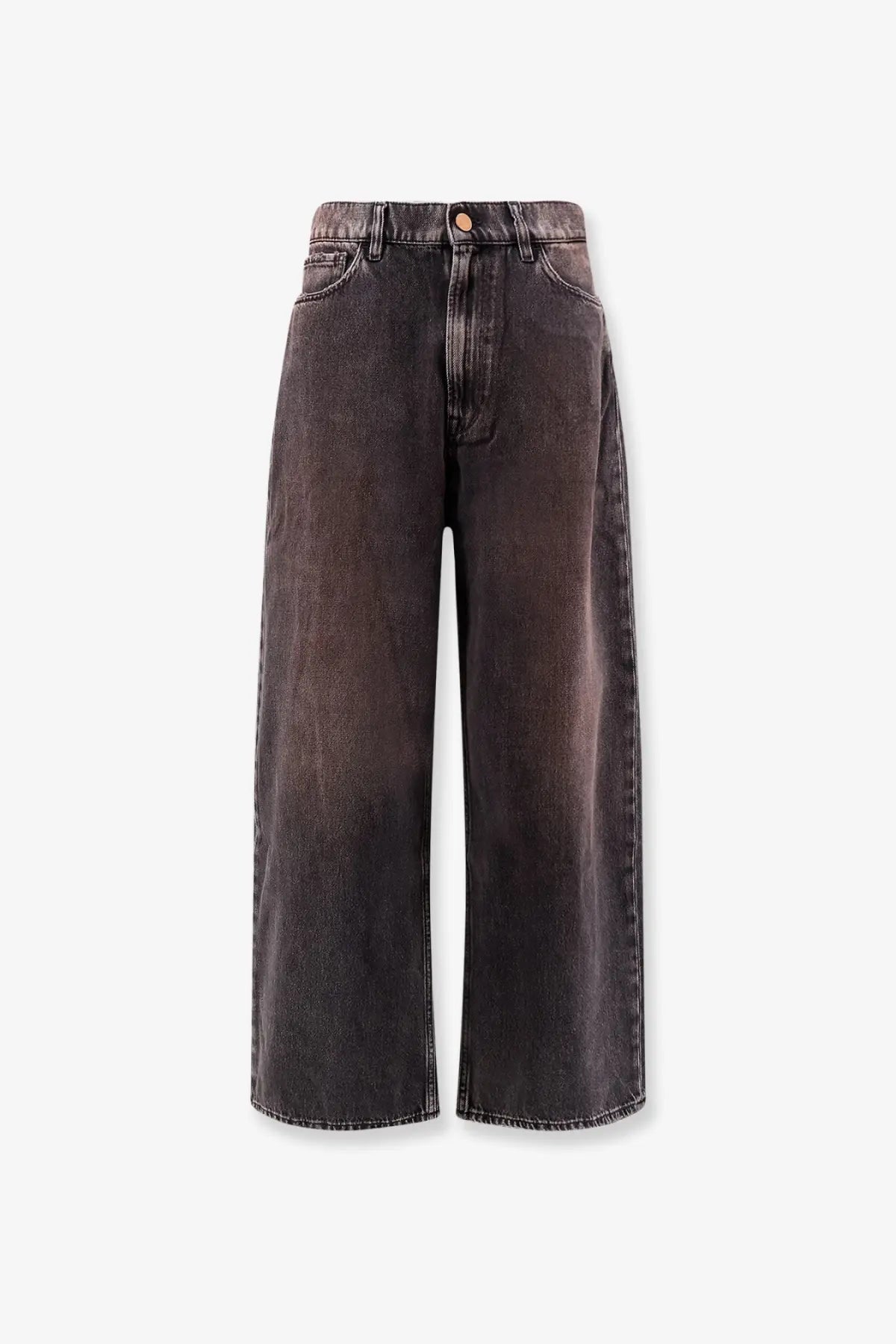 Dark gray wide-leg denim skater jeans with faded distressed finish and classic five-pocket design by 3x1 women