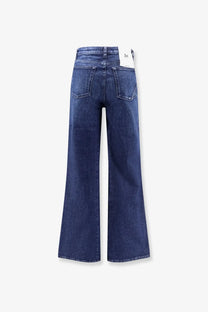 Dark blue denim 3x1 women’s Farrah jeans with a wide-leg cut and classic back pockets shown from the back side