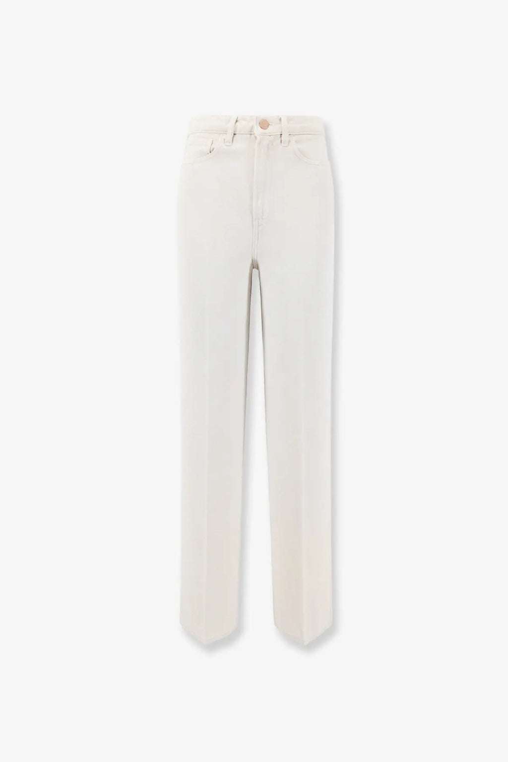 Cream-colored 3x1 women’s flip denim trousers in straight-leg with five-pocket design and button closure