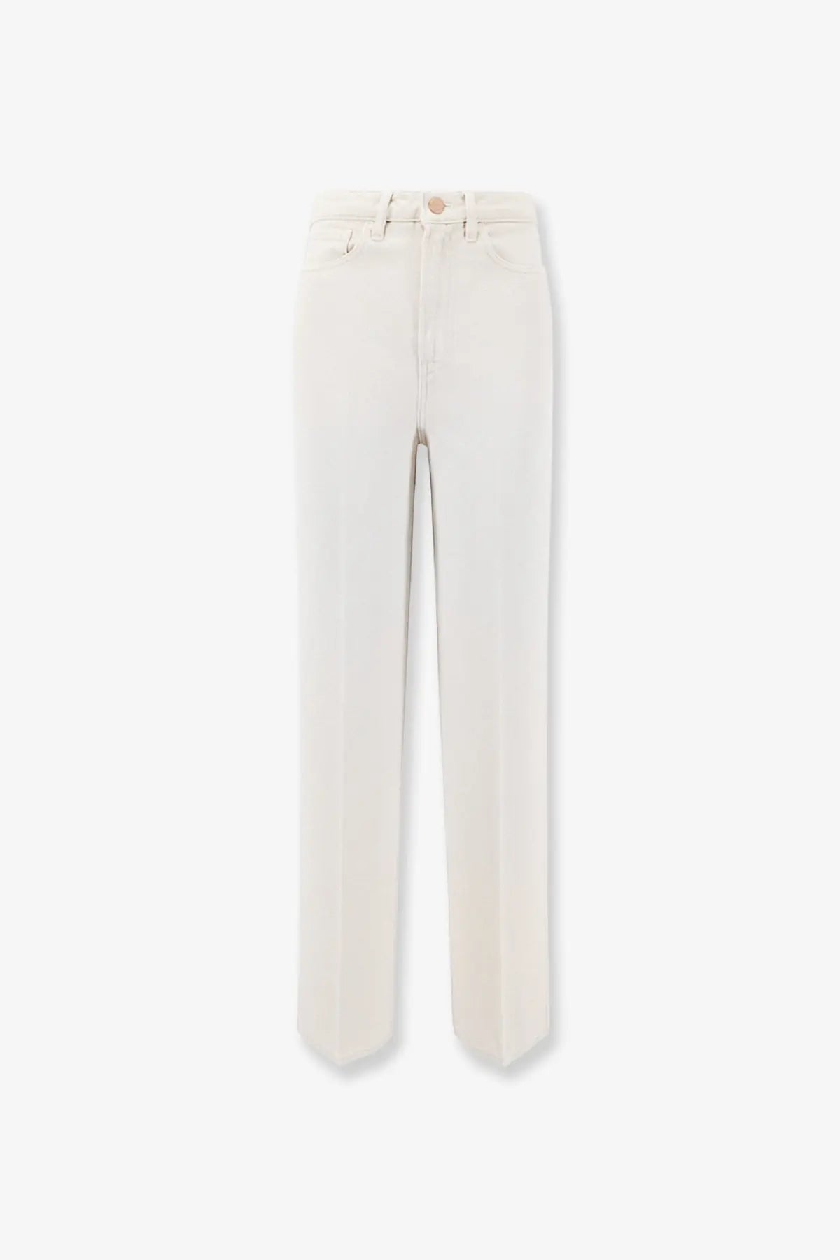 Cream-colored 3x1 women’s flip denim trousers in straight-leg with five-pocket design and button closure