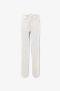 Cream-colored 3x1 women’s flip denim trousers in straight-leg with five-pocket design and button closure