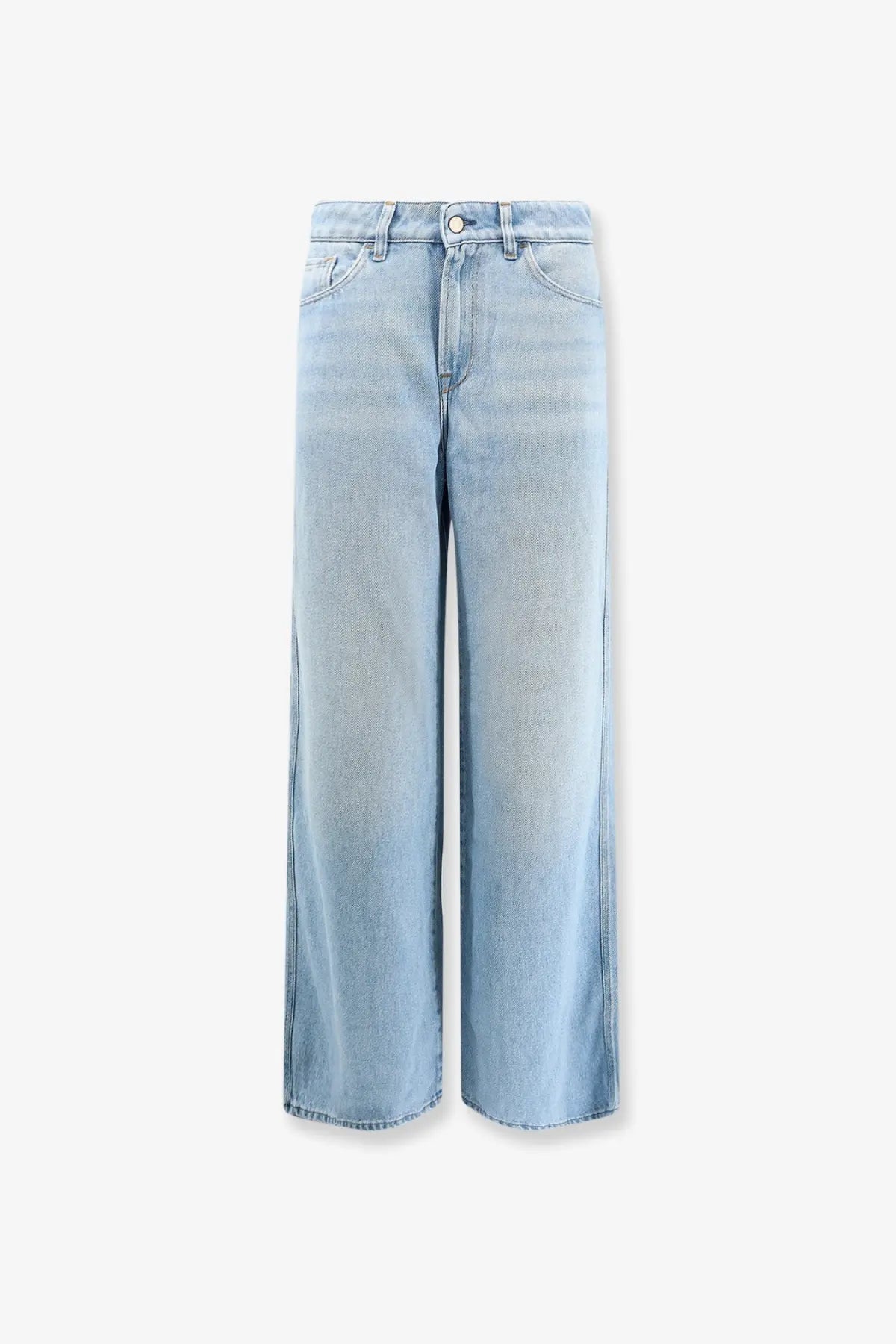 Light-wash denim wide-leg trousers with classic five-pocket design and button closure from 3x1 Women’s The Kat Blue Denim Jeans Yellow