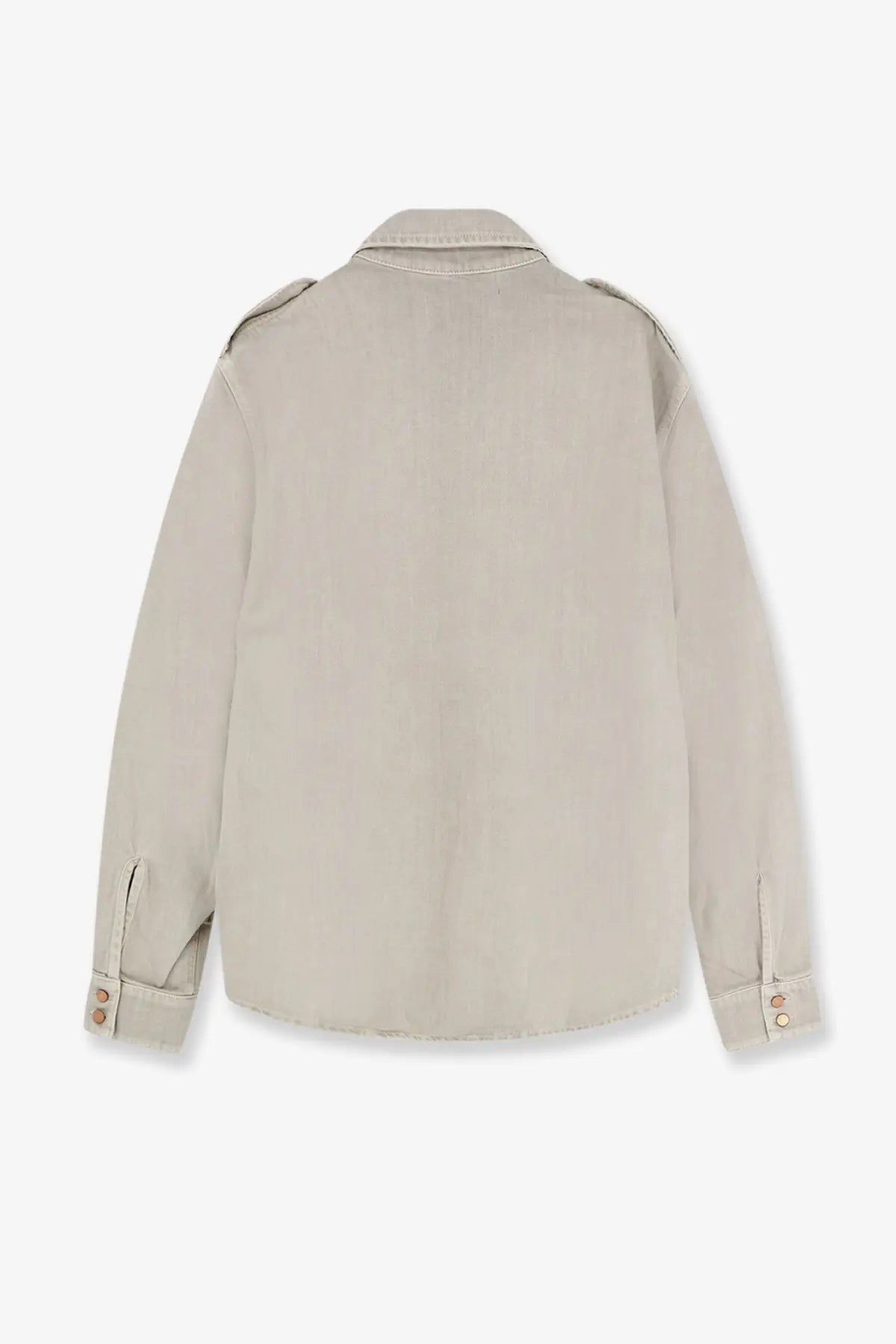 Beige denim jacket with buttoned cuffs and shoulder patches made of cotton by 3x1 women’s Kenya shirt collection