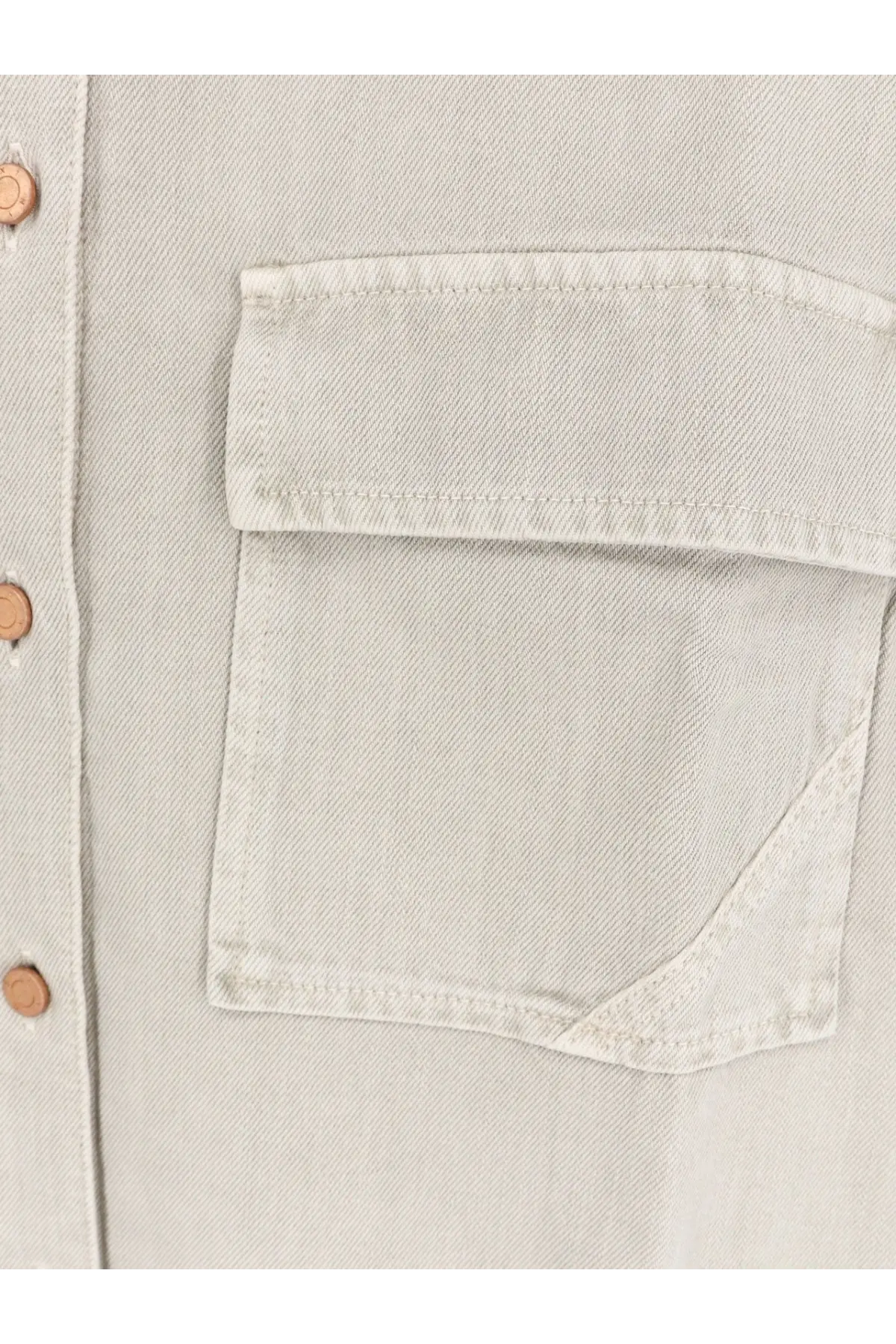 3x1 women’s kenya cotton shirt in beige with light gray denim fabric flap pocket and matching tan buttons