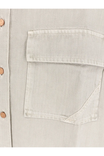 3x1 women’s kenya cotton shirt in beige with light gray denim fabric flap pocket and matching tan buttons