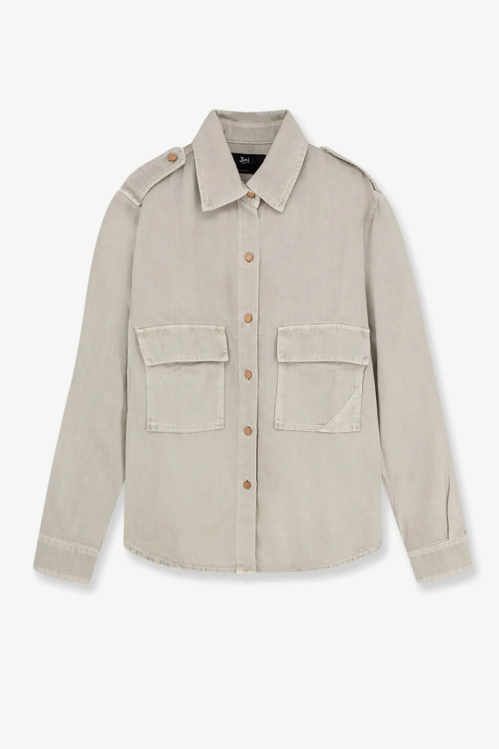 3x1 women’s kenya cotton shirt beige utility-style button-up with two front patch pockets and shoulder epaulets