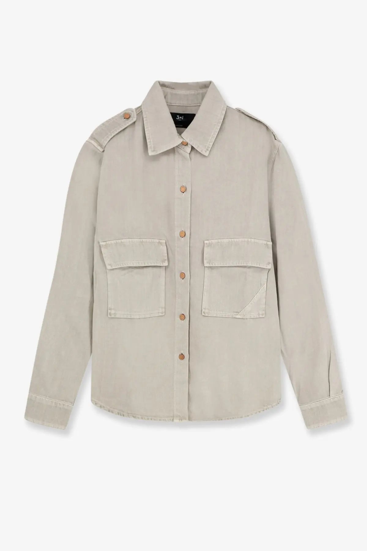 3x1 women’s kenya cotton shirt beige utility-style button-up with two front patch pockets and shoulder epaulets