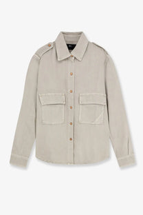 3x1 women’s kenya cotton shirt beige utility-style button-up with two front patch pockets and shoulder epaulets