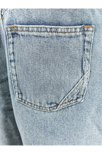 Back side of 3x1 women’s skater blue denim bermuda shorts with light-wash denim pocket and faded stitching detail