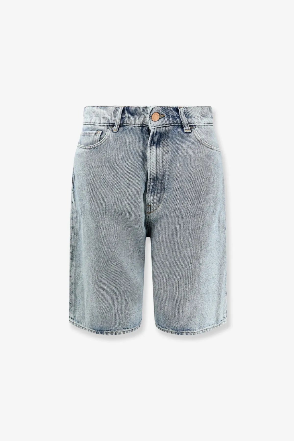 3x1 women’s skater blue light-wash denim bermuda shorts with high-rise waist and classic five-pocket design
