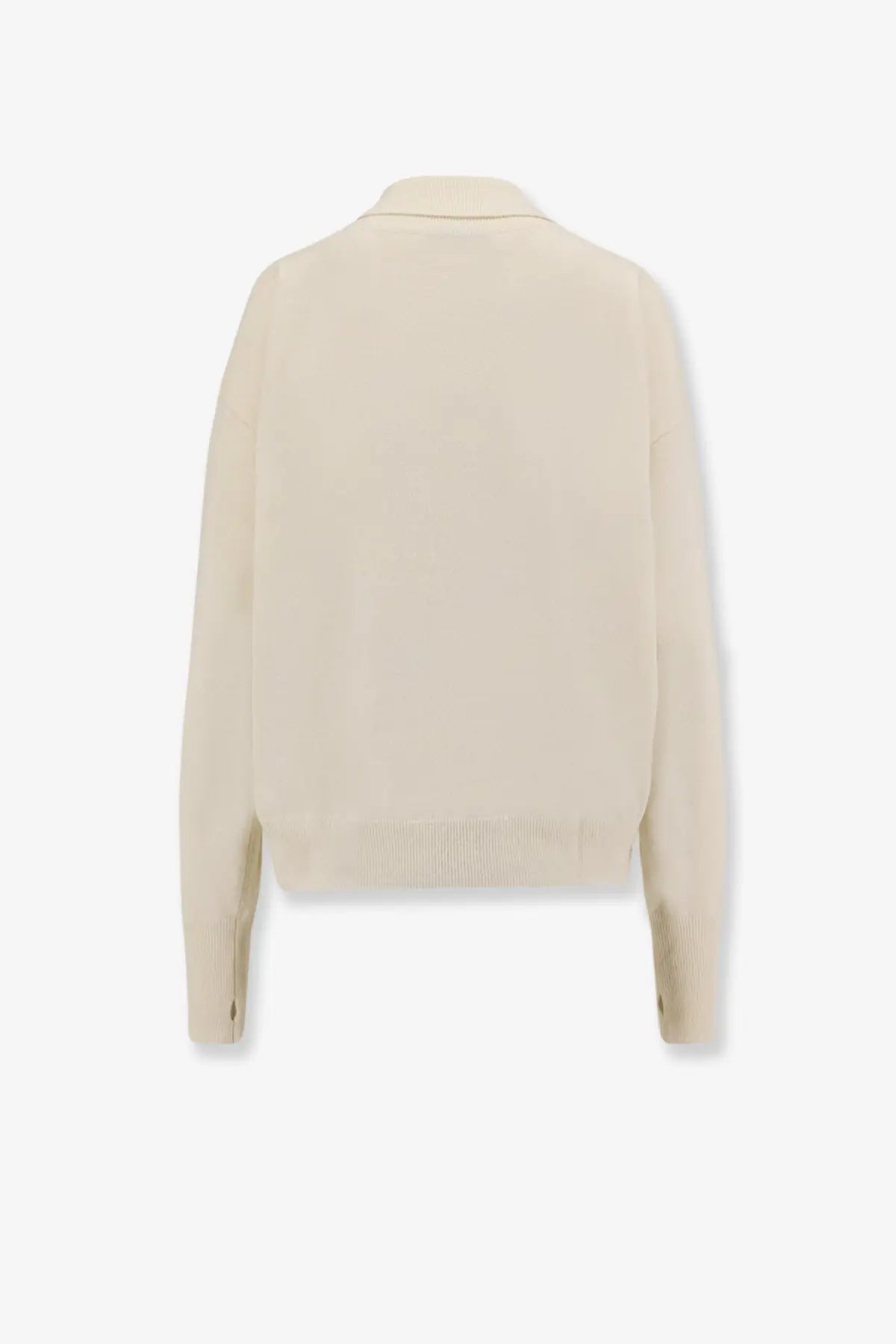 Cream-colored knit cardigan with collar and ribbed cuffs in the style of the 73 women’s turleneck wool sweater white